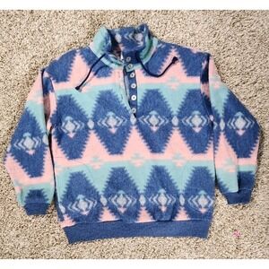 David Wayne Fleece Cardigan Sz Small Southwestern Aztec Jacket Blanket VTG‎ 90's